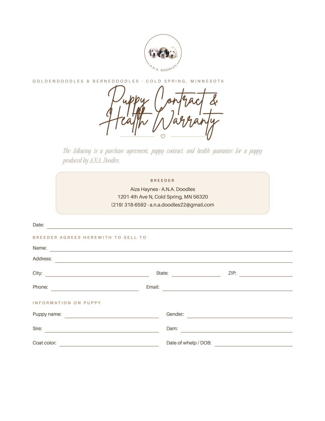 Cover page of the A.N.A. Doodles Puppy Contract & Health Warranty