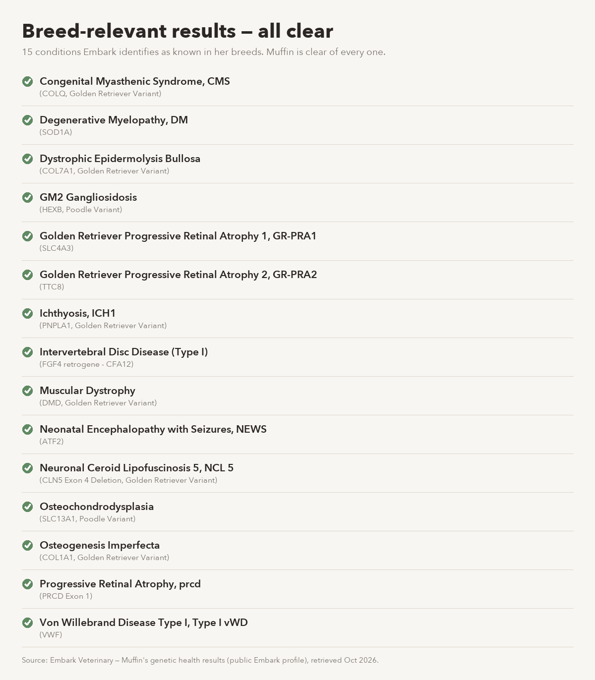 Muffin's breed-relevant clear Embark results